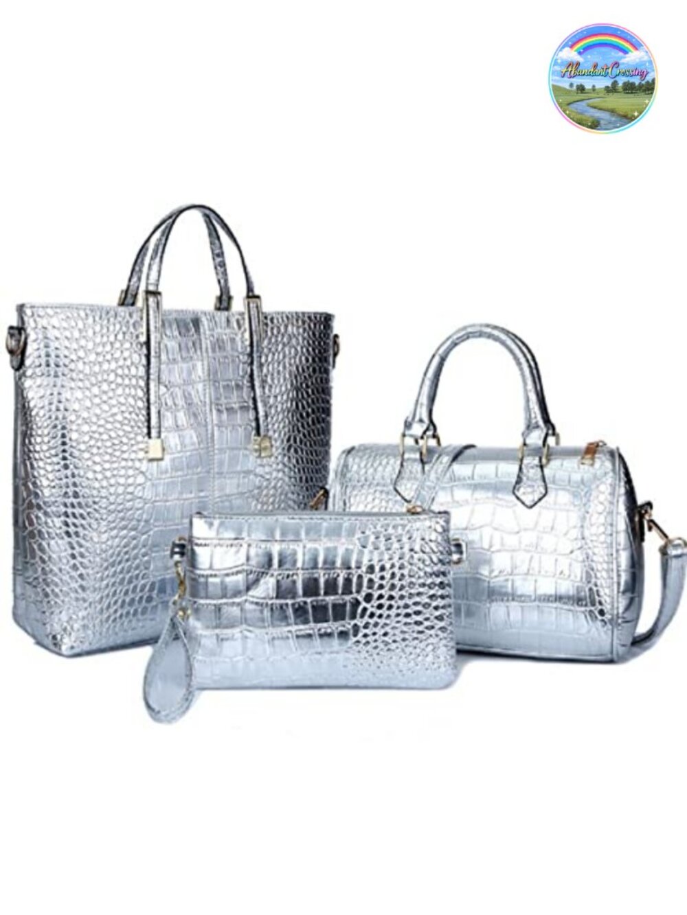 3-PC PU Leather Crocodile Satchel Tote Shoulder Bag & Clutch Set Work Purse